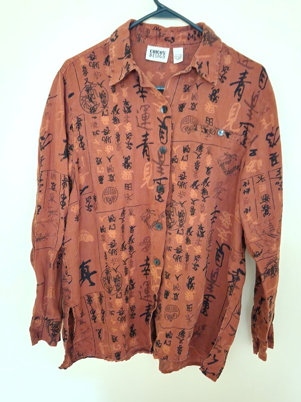 Chico's Vintage 100% Linen Asian Mandarin Long Sleeve Button Up Blouse Rust Med